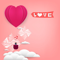 red and pink Balloon hearts paper with Lover on pink sky background with Women and men and  love message for Design,Valentine's day,Vector illustration eps 10
