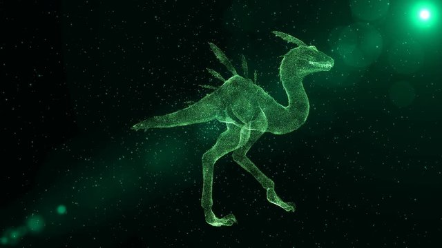 Feathered dinosaur, prehistoric extinct animal walking through particles, fantasy 3D animation