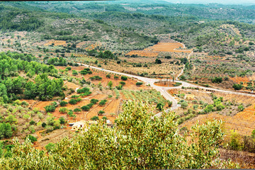 European country landscape. View from above on the fields, roads, mountains.