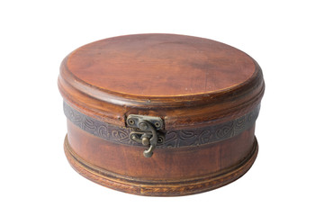 A vintage wooden dusty jewellery box on a white background, isolated