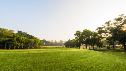 Fototapeta na wymiar Scenery green golf and meadow with sunbeam in morning, Wonderful sunbeam at the natural park
