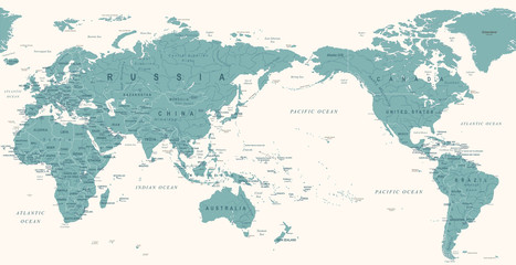 Fototapeta premium Vintage polityczna mapa świata Pacyfiku wyśrodkowany