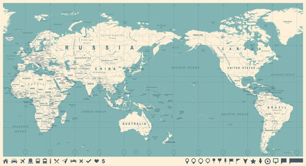 Naklejka premium Vintage polityczna mapa świata Pacyfiku wyśrodkowany