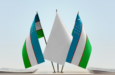 Two flags of Uzbekistan with a white flag in the middle