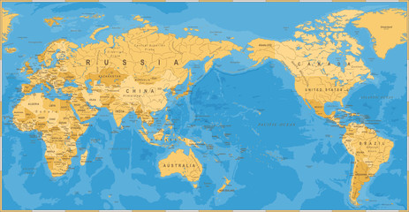 Obraz premium Vintage polityczna mapa świata Pacyfiku wyśrodkowany