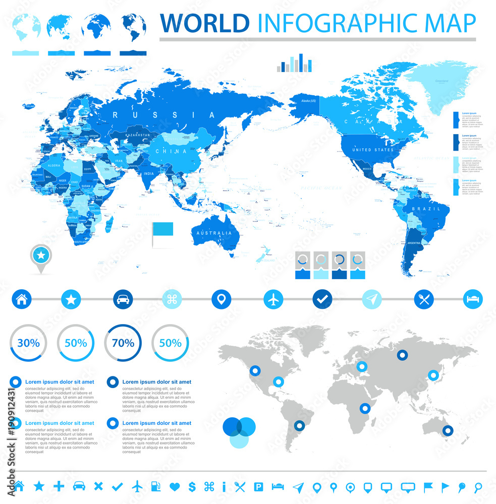 Wall mural political world map pacific centered - info graphic