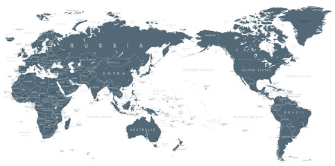 Obraz premium Polityczna mapa świata na Pacyfiku wyśrodkowana
