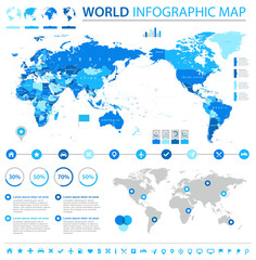 Political World Map Pacific Centered - Info Graphic