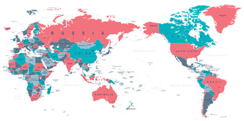 Naklejka premium Polityczna mapa świata Pacific Centered