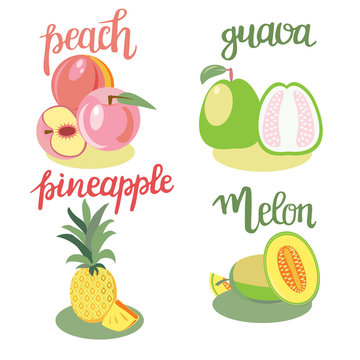 fruits peach, guava, melon, pineapple isolated and hand drawn lettering