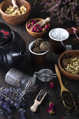 Herbal natural floral tea infusion with dry flowers ingredients