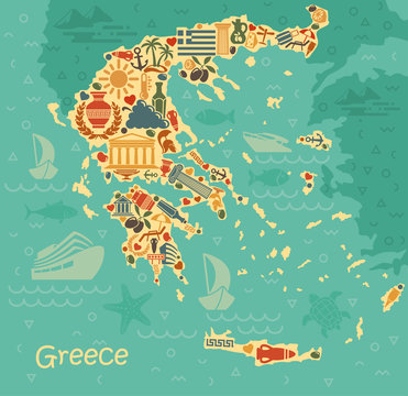 Symbols of Greece in the form of map