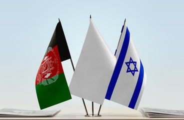 Flags of Afghanistan and Israel with a white flag in the middle