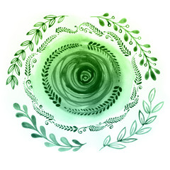 Green wreath of flowers and herbs in watercolor style with white background.