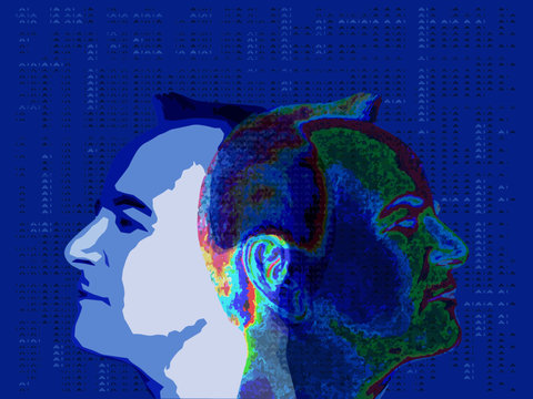 Deux profils imbriqu&eacute;s dos &agrave; dos dessin&eacute;s abstraitement sur un fond bleu simulant l'univers de l'intelligence artificielle