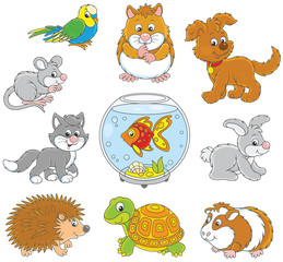 Set of pets including a cat, a dog, a parrot and other domestic animals, vector illustrations in funny cartoon style