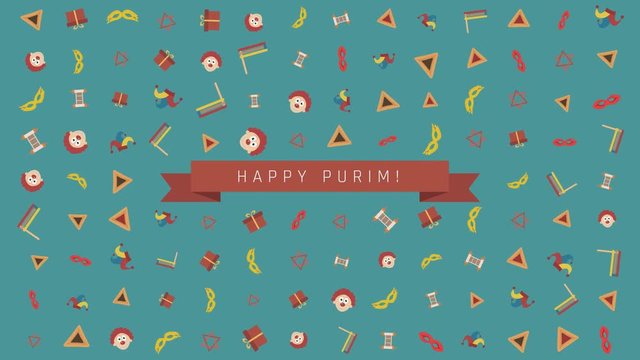 Purim holiday flat design animation background with traditional symbols and english text