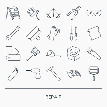 Collection of outline repair and building tools icons