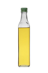 glass bottle with olive oil isolated on a white background