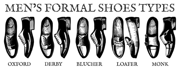 Vector illustration of mens formal suit shoes: oxfords, derby, bluchers, loafers, monks. Ultimate guide in vintage drawing style.