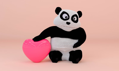 Naklejka premium Panda doll and heart 3D model 3Drenderig