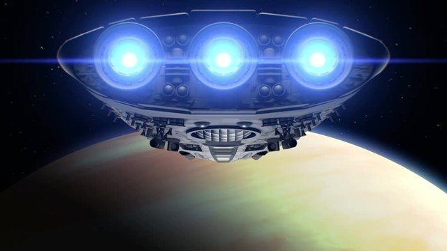Alien spaceship is approaching Venus. Bright engines flashing, 3d animation. Texture of the Planet was created in the graphic editor without photos and other images.