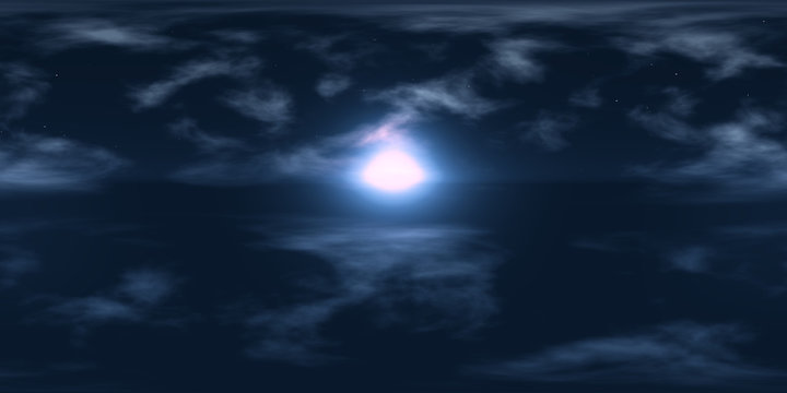 high resolution HDRI map: environment map for equirectangular projection at sunrise, spherical panorama, 3d illustration background (clouds in a dark starry sky with moonlight)