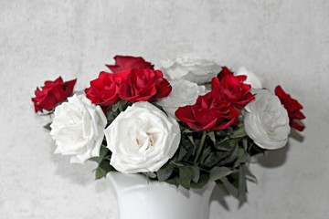 Vase mit roten und weißen Rosen