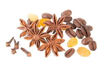 Anise star with cloves, coffee beans and raisins on white background