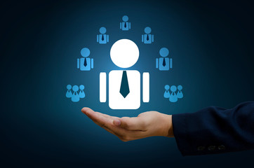 hand businessman human resource management and recruitment business  human resources CRM officer looking for employee represented by icon Gender discrimination in employees selection. blue background.