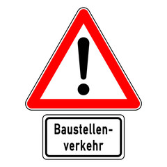 ncsc30 NewCombinationSignCaution ncsc - rsas9 RoadSignAdditionalSign rsas - Verkehrszeichen StVO - Achtung - Ausrufezeichen / dreieckig - Zusatzzeichen 1007-38 Text: Baustellenverkehr - xxl g5857