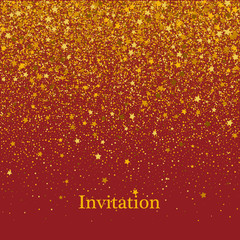 Gold texture of glitter in the shape of heart on a red background. Holiday background. Golden grainy abstract texture on a red background.