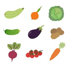 Vector vegetables icons set in cartoon style. Collection farm product for restaurant menu, market label.