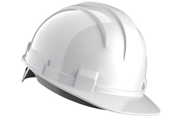 Side view of white construction helmet isolated on a white background. 3d rendering of engineering...