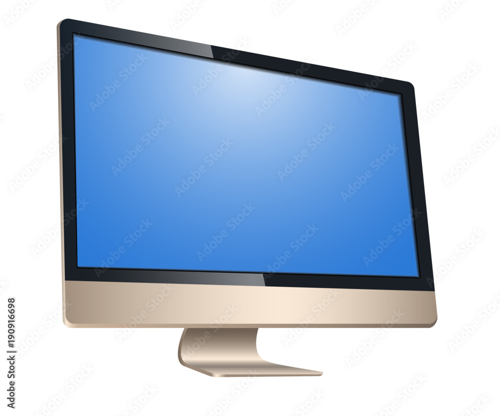 Poster golden computer, with a blank screen, left view front isolated on white background. to represent you