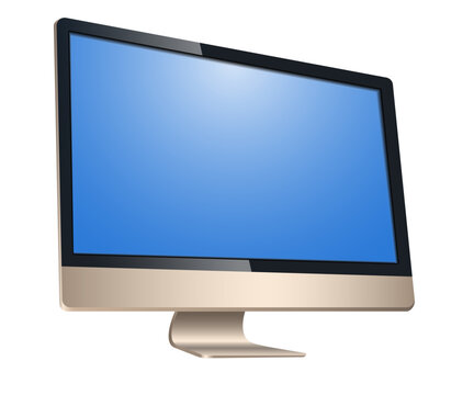 Golden computer, with a blank screen, left view front isolated on white background. To represent your application