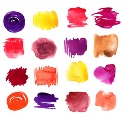 Colorful watercolor paint stains. Hand drawn brush strokes background set. Web elements for icons, banners, interface, and labels.