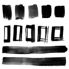 Black watercolor paint stains and brush strokes. Hand drawn background set. Web elements for icons, banners, interface, and labels.