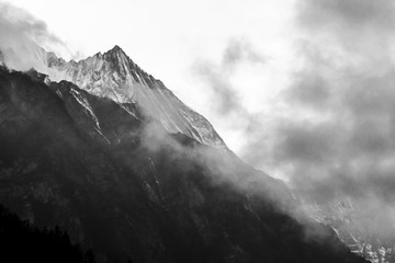 Himalayas in the early morning, black and white image.  Nepal, Annapurna Circle