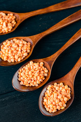 Spoons filled with uncooked lentil for soup