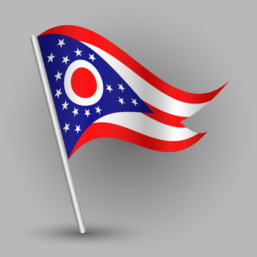 vector waving simple triangle american state flag on slanted silver pole - icon of ohio with metal stick