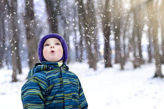Little boy looks in the sky at the falling snow