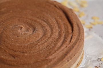 Raw vegan chocolate-caramel cheesecake. Healthy vegan food concept. Macro