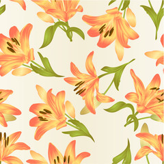 Seamless texture yellow Lily  Lilium candidum,flower with leaves and bud   vintage vector illustration editable hand drawn