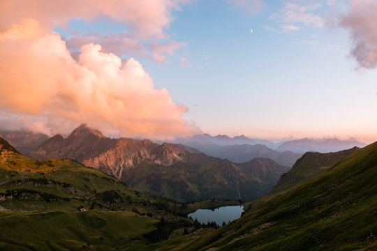 View of lake and valley in the Allgau Alps