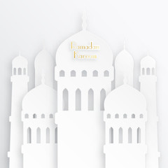 Creative islamic mosque made by paper cutout for holy month of muslim community, Ramadan Kareem celebration. Vector 3D paper mosque.