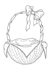 Sketch a wicker basket with a bow and tissue paper. Freehand drawing with a marker. Sketch. Vector