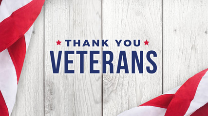 Thank You Veterans Text with American Flag Over White Wood Background for Memorial Day and...