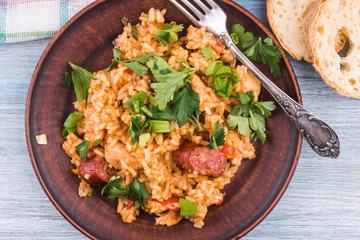 Jambalaya with chicken and smoked sausages - top view