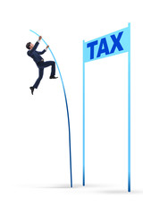 Businessman jumping over tax in tax evasion avoidance concept